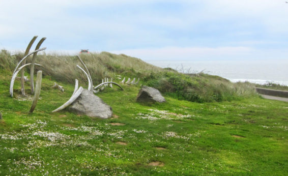 A whale bone sculpture exploring human-animal interactions at Nye Beach, Newport Oregon.