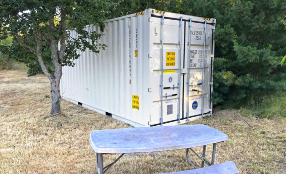 The cargo container is weather-proof and largely sound-proof. Mark installed electrical, heating, and cooling and there is a hose bib for water outside.