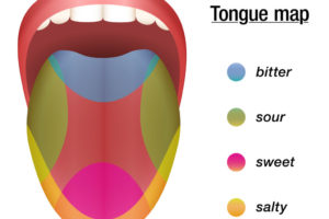 Many older textbooks show a map of taste buds on the tongue with zones of clustered taste receptors.  The tongue actually has assorted taste receptors, not specific regions of taste.